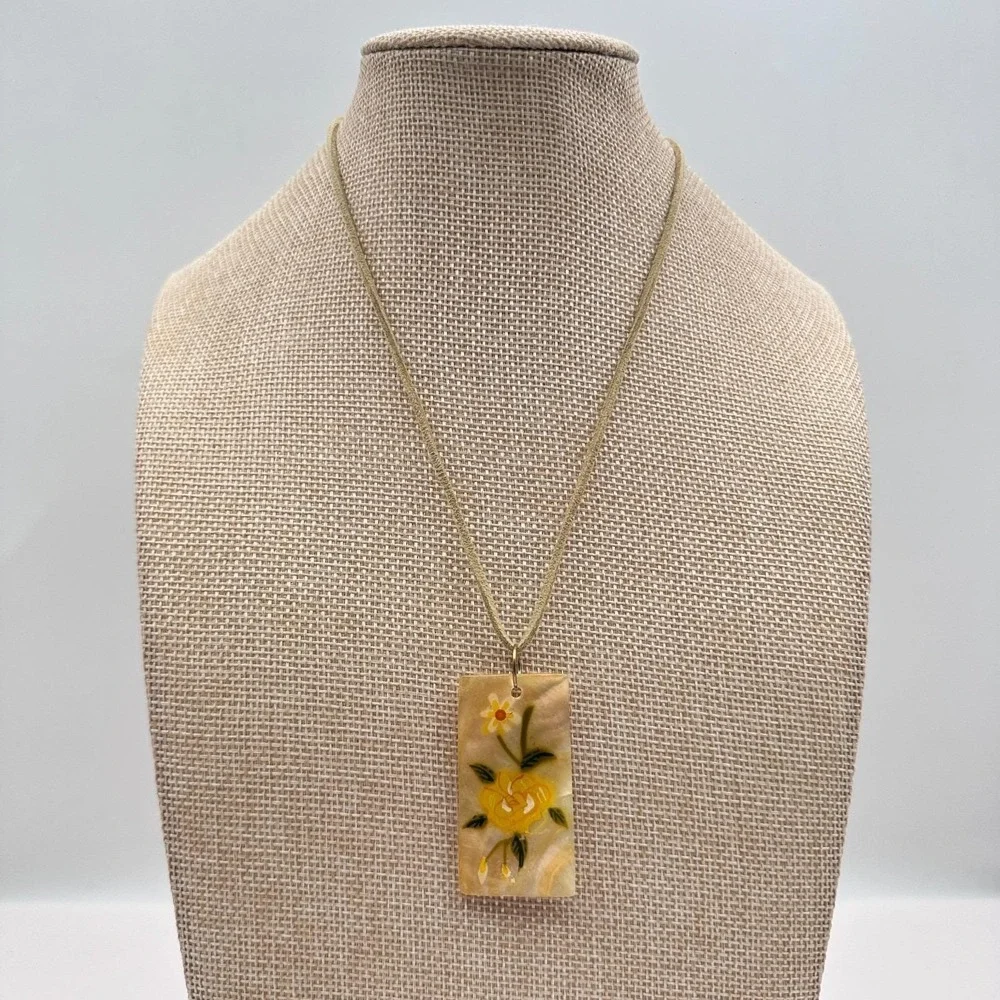 Vintage 90s Mother of Pearl Shell Hand Painted Yellow Rose Pendant Cord Necklace
